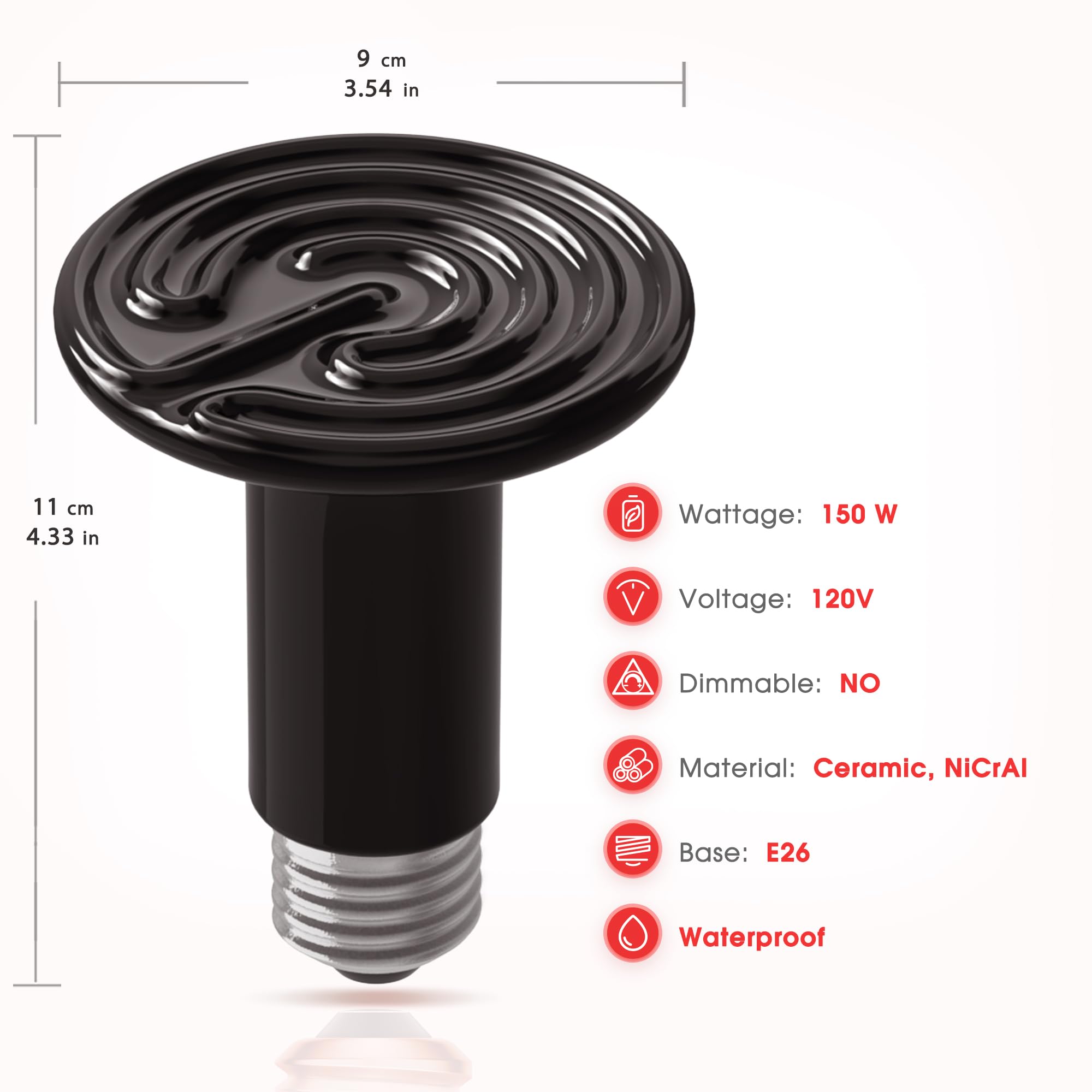 Ceramic Heat Emitter for Reptiles, 150W Heat Lamp Bulb, Ceramic Reptile Heat Bulb Black, No Light Emitting Heat Lamp for Amphibi